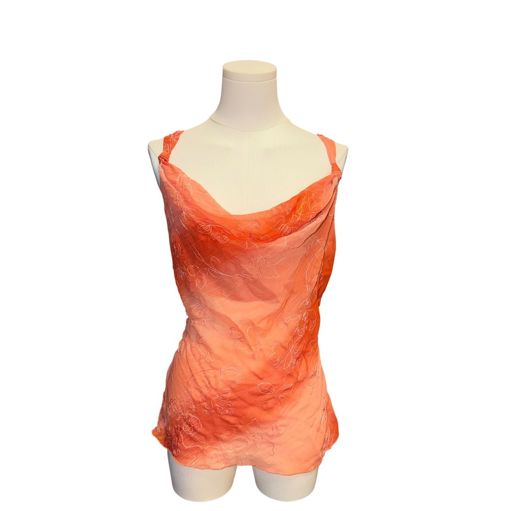 Vanity Cowl Neck Tank Top Women Size M Orange Good Floral Metallic Y2K Boho